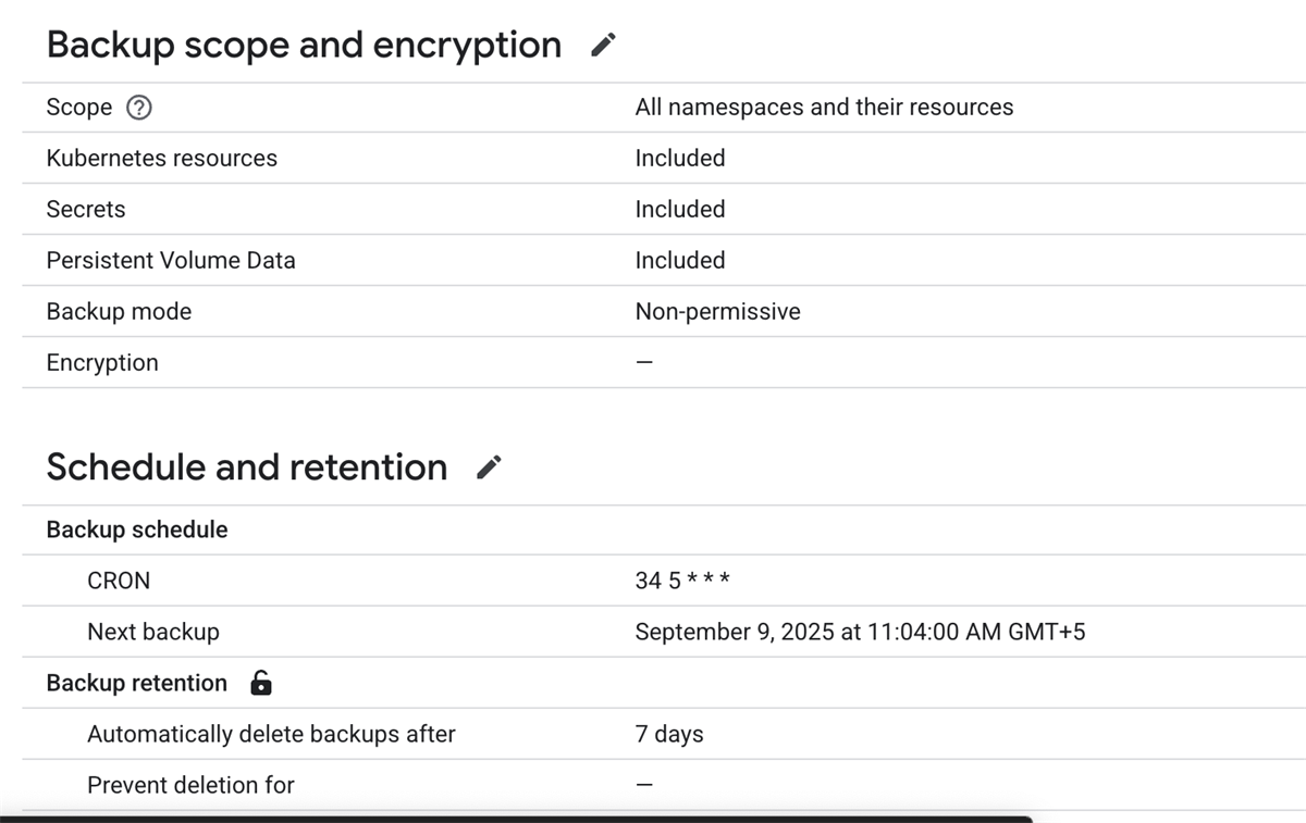 Screenshot showing the scope of the backup created and the scheduled backup policy